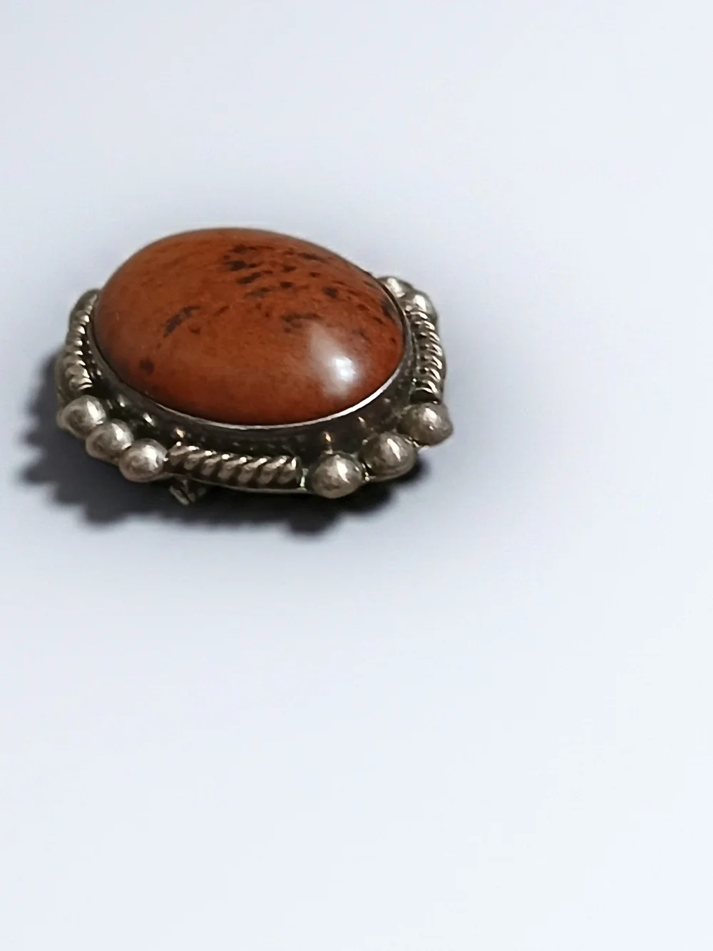 Oval Silver Brooch/Pendant with Brown Jasper W/ a T Beaded Frame-Mexico 925